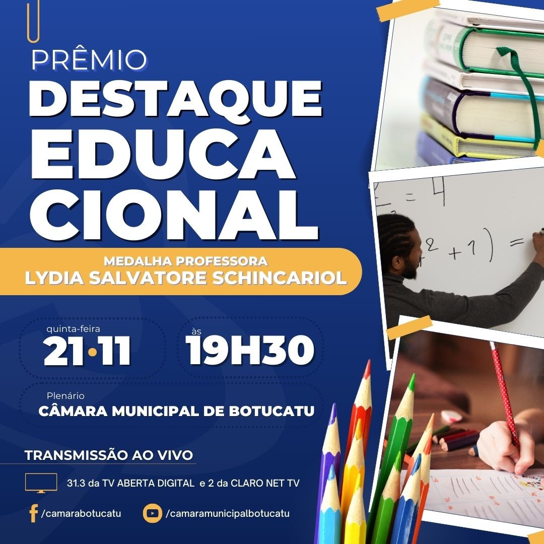 Câmara entrega "Prêmio Destaque Educacional" em Sessão Solene do próximo dia 21 de novembro 